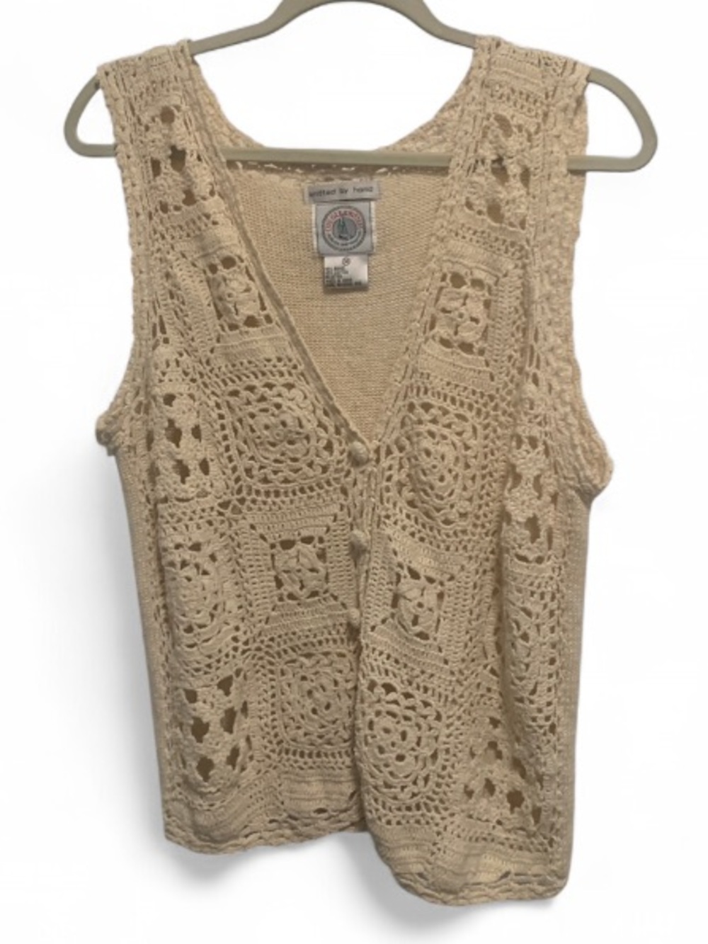 Vintage Crochet V-Neck Button Down Sweater Tank Top - Cream